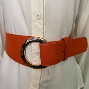 Orange PU leather elastic waistband belt with gold tone buckle